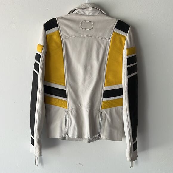 Tigha Leather Biker Jacket in White Yellow Black - Picture 3 of 16
